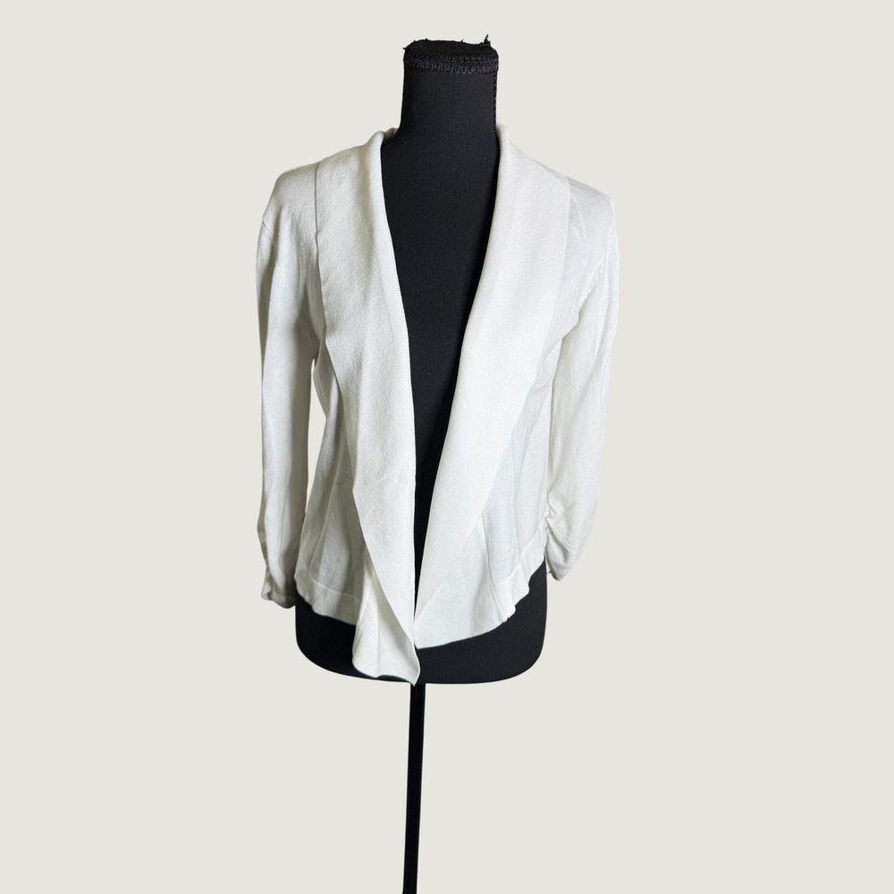 89th + Madison Cardigan Sweater Womens M White Ruched 3/4 Sleeve Shawl‎